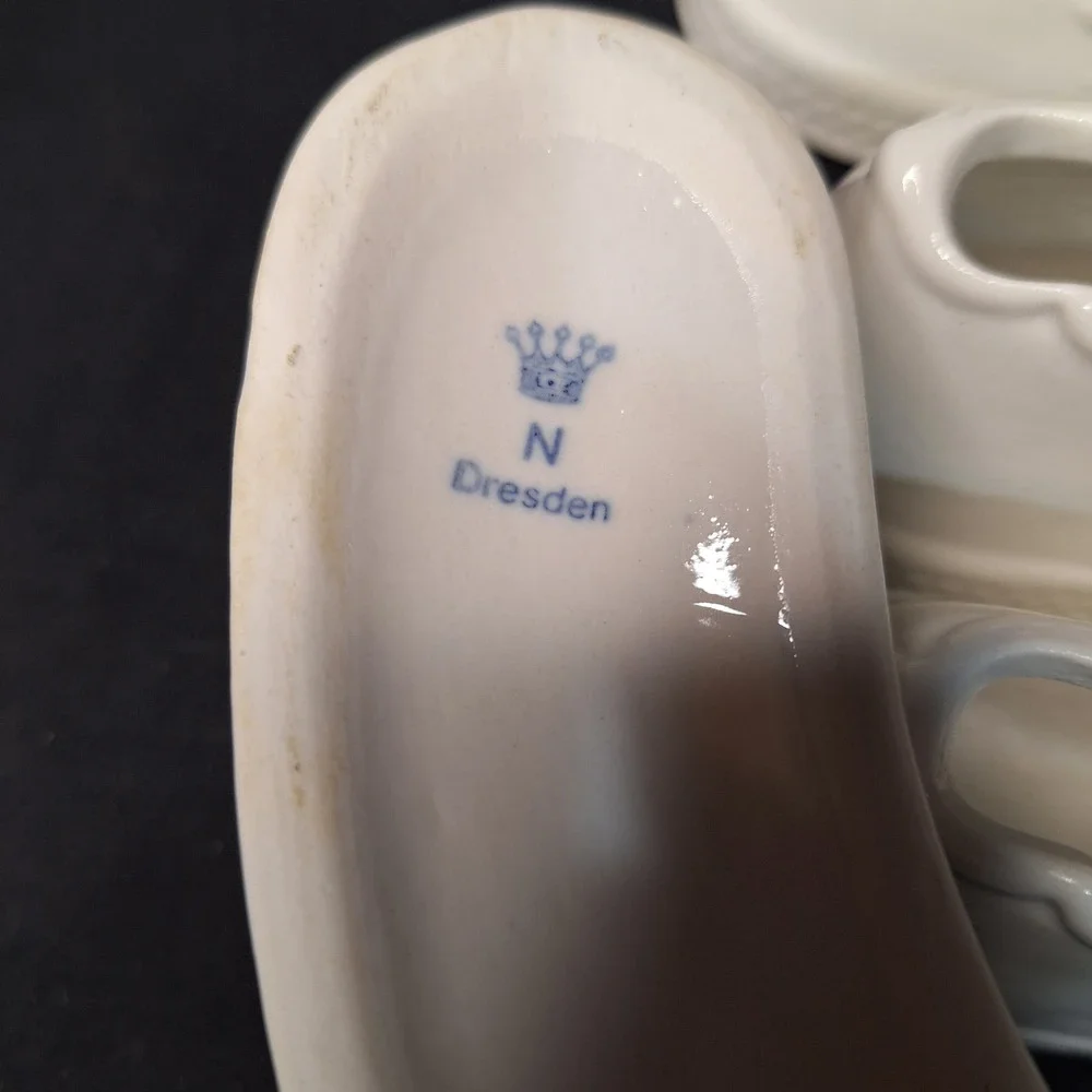Set of 4 White Glazed‎ Dresden Porcelain Cherub Crescent Flower Candle Holders